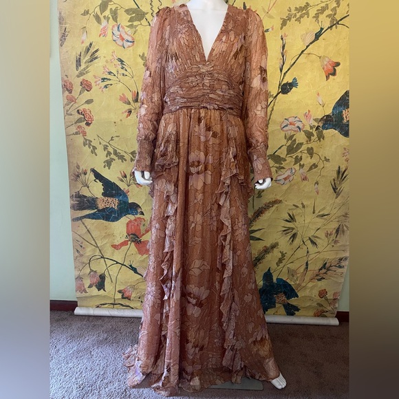 Anthropologie x BHLDN V-Neck Long-Sleeve Printed Chiffon Gown - Picture 4 of 7